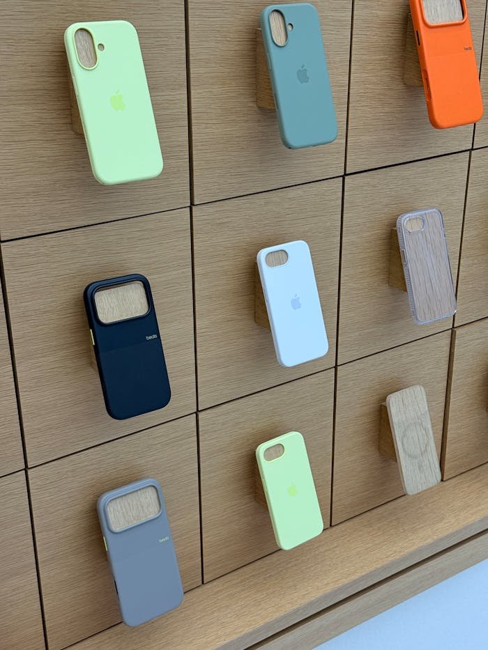 A variety of colorful phone cases displayed on a sleek wooden wall in a store.